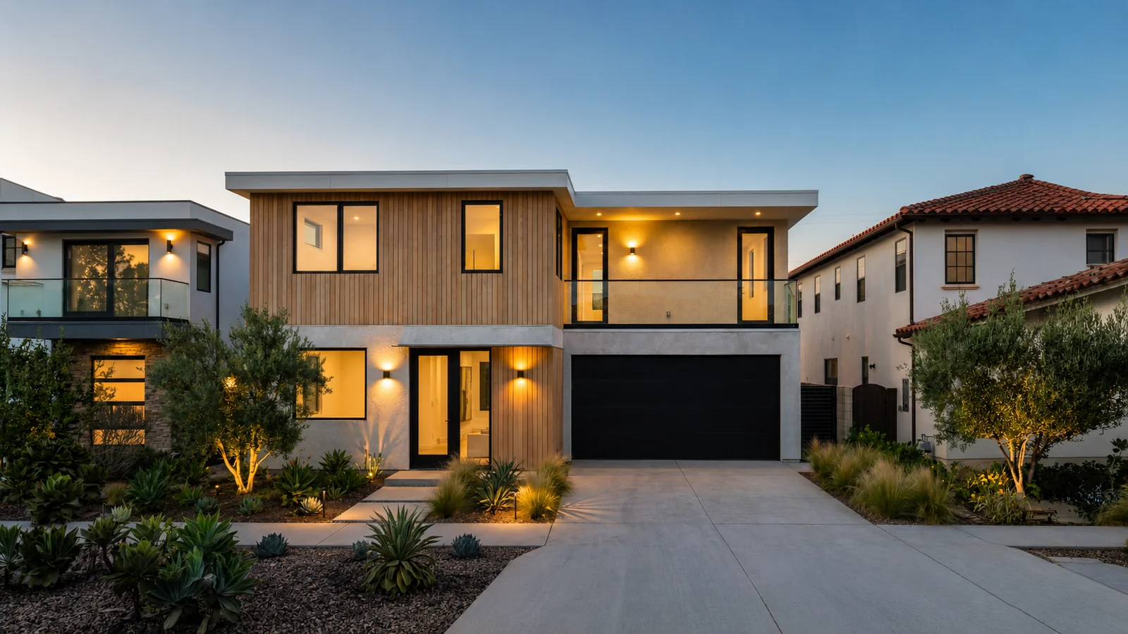 Pacific Palisades single-family residence, front exterior at dusk with warm interior lighting, rendering